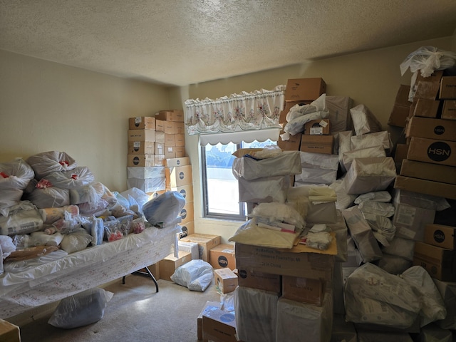 bedroom with carpet floors and a textured ceiling