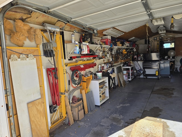 garage with a workshop area