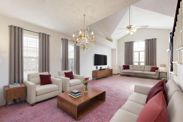 living room with ceiling fan, a wealth of natural light, vaulted ceiling, and carpet flooring