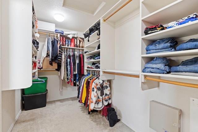 spacious closet featuring light colored carpet