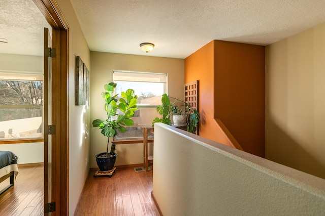 corridor featuring hardwood / wood-style flooring and a textured ceiling