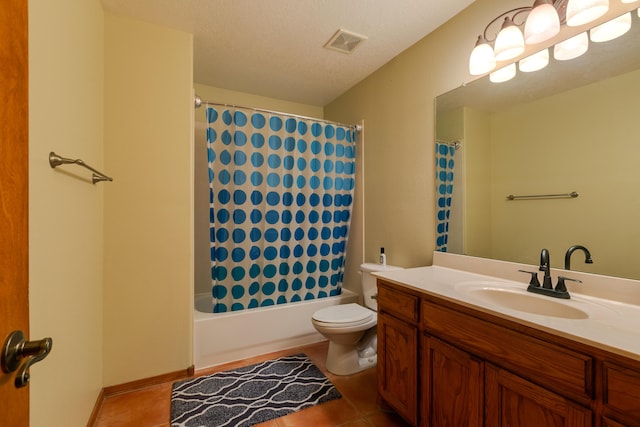 full bathroom with shower / bath combination with curtain, tile patterned flooring, vanity, toilet, and a textured ceiling