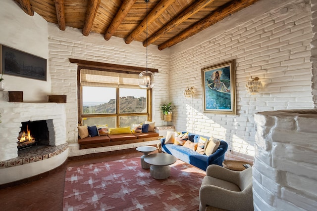 living room featuring wood ceiling, beam ceiling, and a brick fireplace