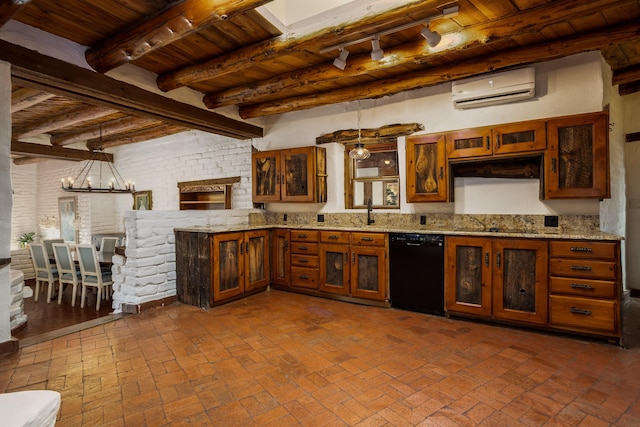 kitchen with decorative light fixtures, dishwasher, a wall mounted AC, light stone counters, and wooden ceiling