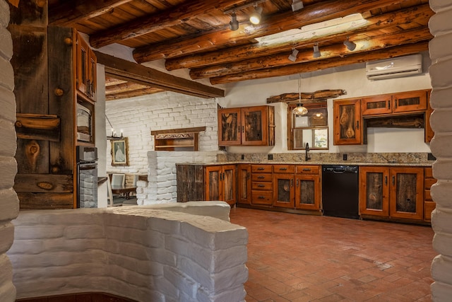 kitchen with black appliances, a wall unit AC, hanging light fixtures, kitchen peninsula, and beam ceiling