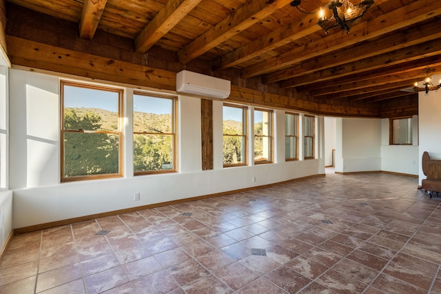 empty room featuring wood ceiling, a chandelier, a wall mounted AC, a mountain view, and beamed ceiling