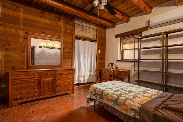 bedroom with beam ceiling, wood ceiling, wooden walls, and a wall mounted AC