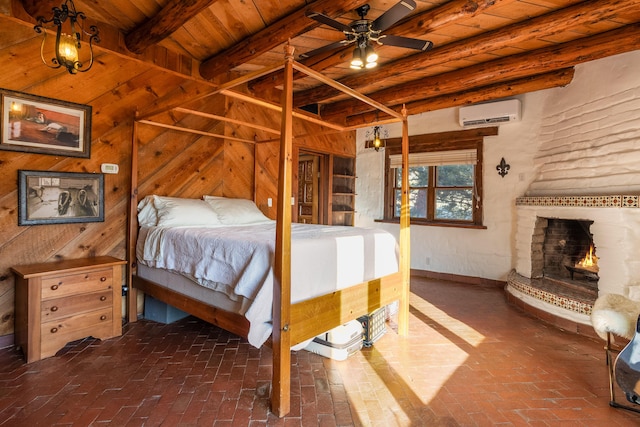 bedroom featuring wood ceiling, wooden walls, a wall mounted air conditioner, and beam ceiling