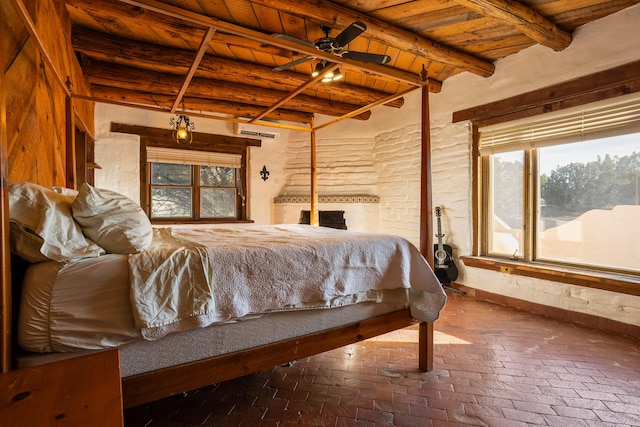 bedroom featuring wooden ceiling and beam ceiling