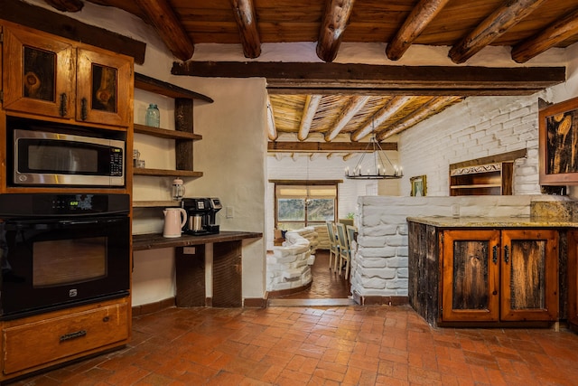 interior space with wood ceiling, beam ceiling, and a chandelier