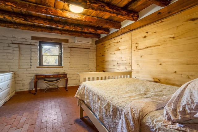 bedroom with wood ceiling, an AC wall unit, and beamed ceiling