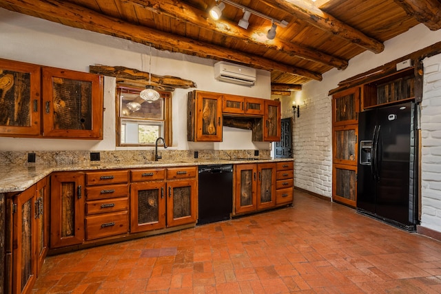 kitchen featuring sink, wooden ceiling, a wall unit AC, light stone countertops, and black appliances