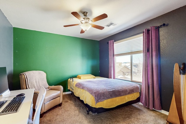 carpeted bedroom featuring ceiling fan