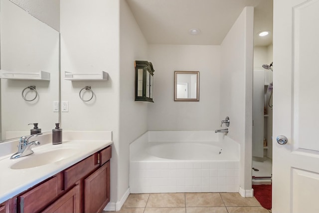 bathroom with vanity, independent shower and bath, and tile patterned flooring