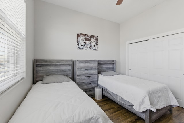 bedroom featuring wood finished floors, a closet, and ceiling fan