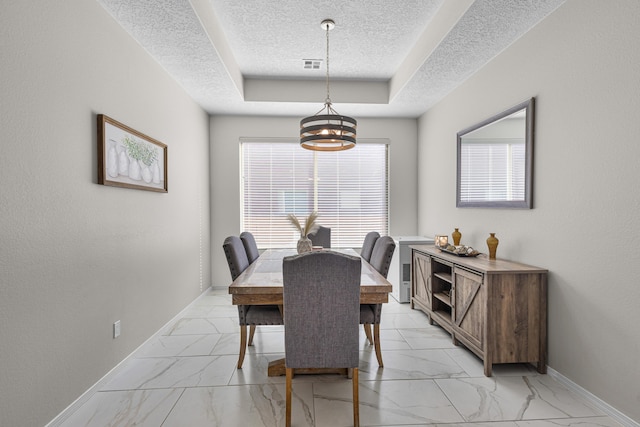 dining space with a raised ceiling and a textured ceiling