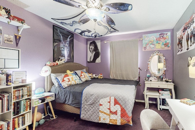 bedroom featuring dark colored carpet