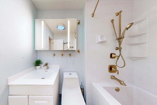 full bathroom with vanity, shower / tub combination, and toilet