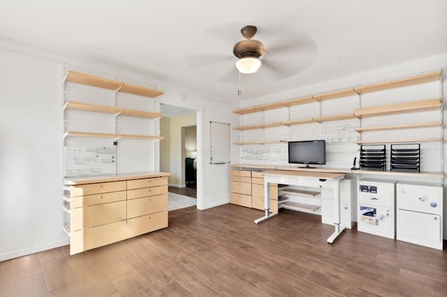 kitchen with ceiling fan, dark hardwood / wood-style floors, built in desk, and backsplash