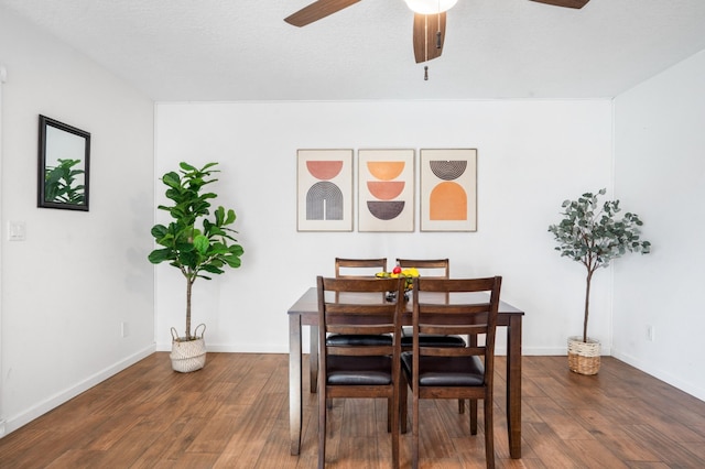 dining room with ceiling fan and dark hardwood / wood-style flooring