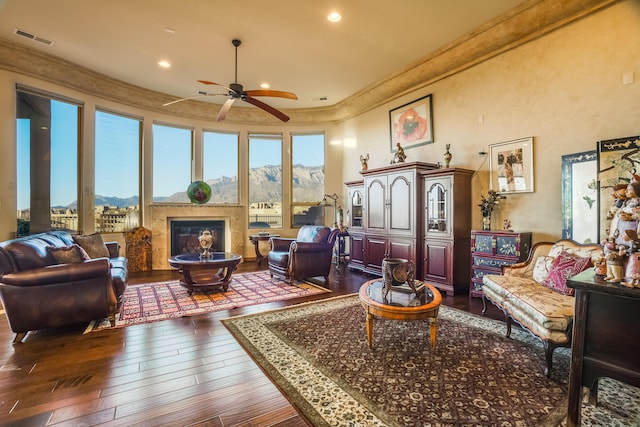 interior space featuring a mountain view, dark wood-type flooring, a fireplace, and ornamental molding