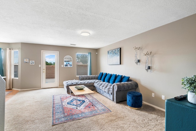 carpeted living room with a textured ceiling