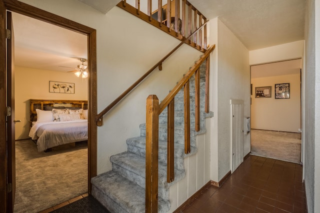 stairs with ceiling fan and carpet