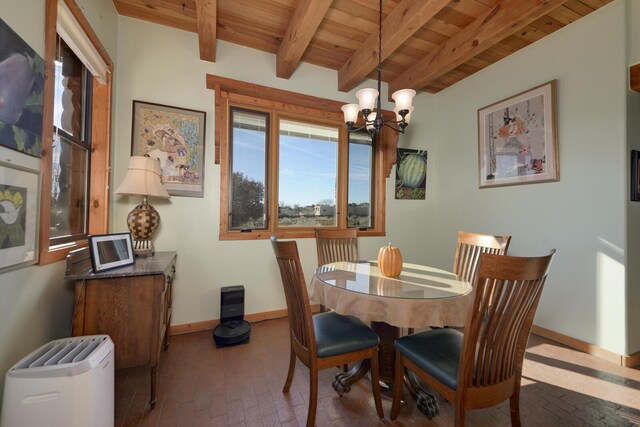 dining room with wood ceiling, a chandelier, and beamed ceiling