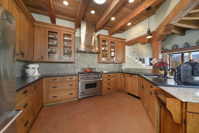 kitchen featuring decorative light fixtures, stainless steel appliances, beam ceiling, range hood, and decorative backsplash