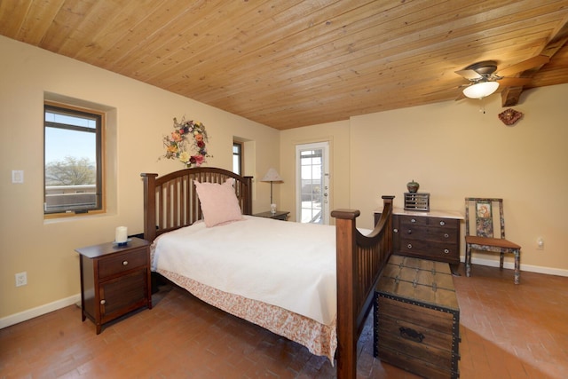 bedroom featuring wood ceiling and ceiling fan