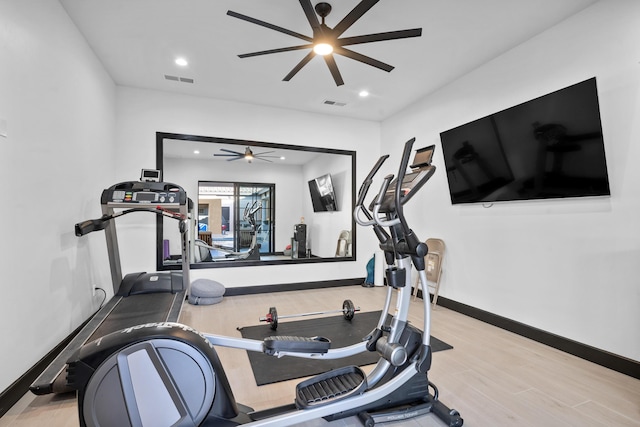 exercise area featuring ceiling fan and light hardwood / wood-style floors