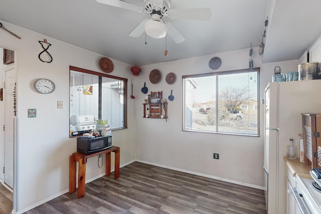 kitchen with ceiling fan, dark hardwood / wood-style floors, white cabinets, and white fridge