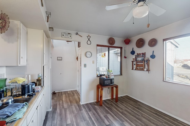 kitchen featuring white cabinetry, ceiling fan, and wood-type flooring