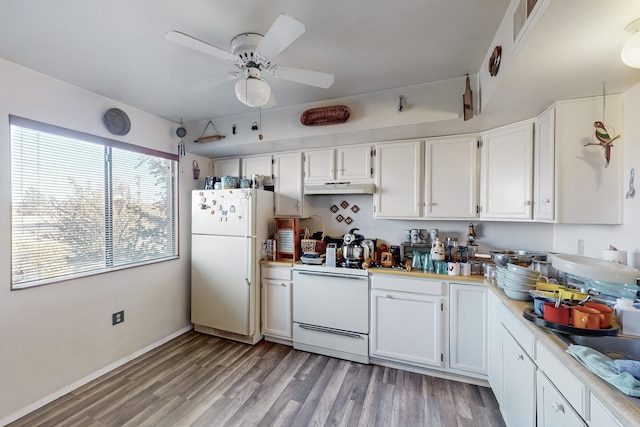 kitchen with white cabinetry, light wood-type flooring, ceiling fan, and white appliances