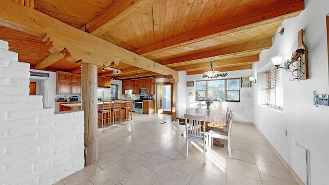 unfurnished dining area with beamed ceiling, light tile patterned flooring, and wooden ceiling