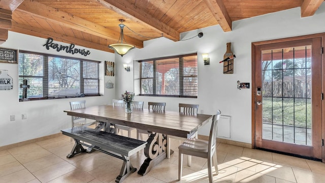 dining space featuring wood ceiling, plenty of natural light, and beamed ceiling