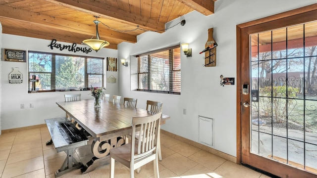 dining space with beamed ceiling, light tile patterned floors, and wooden ceiling