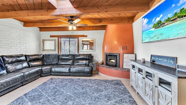 living room with wood ceiling, ceiling fan, beam ceiling, and light tile patterned floors