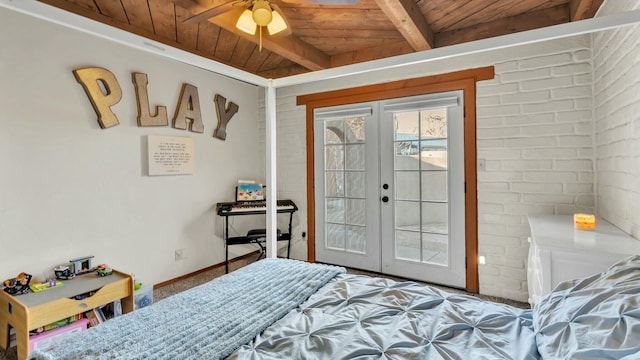 bedroom featuring french doors, wood ceiling, brick wall, and beamed ceiling