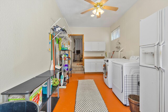 laundry area featuring a ceiling fan, cabinet space, and independent washer and dryer