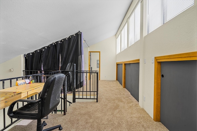 office with a textured ceiling, carpet floors, and high vaulted ceiling