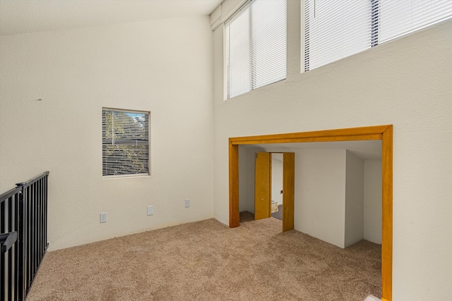 unfurnished room with light carpet and a high ceiling