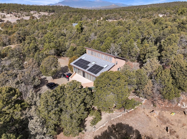 birds eye view of property with a mountain view and a view of trees