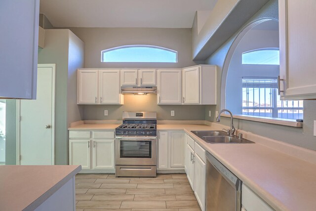 kitchen with sink, plenty of natural light, stainless steel appliances, and white cabinets