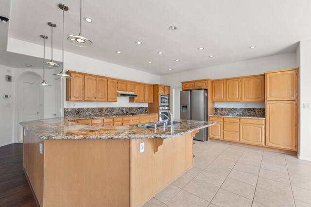 kitchen featuring stone counters, under cabinet range hood, stainless steel appliances, a peninsula, and a sink