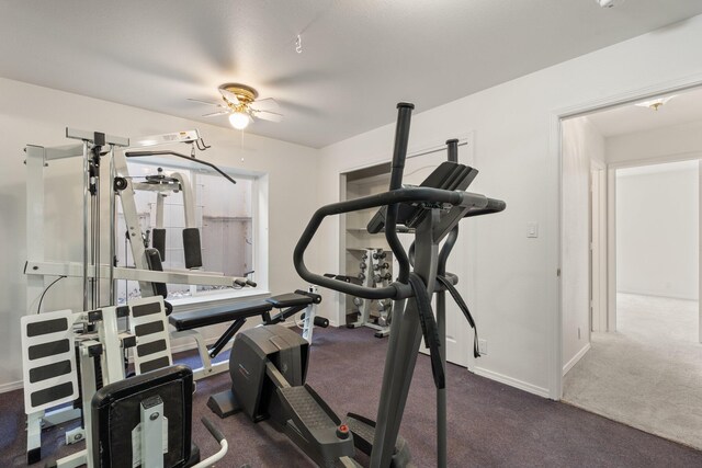 exercise area with carpet, a ceiling fan, and baseboards