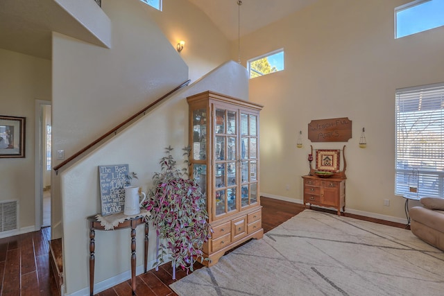 foyer with dark wood-type flooring and a towering ceiling