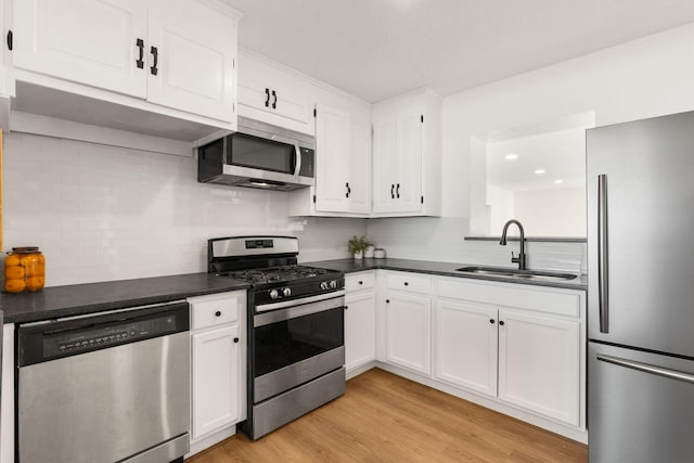 kitchen featuring appliances with stainless steel finishes, sink, backsplash, white cabinets, and light hardwood / wood-style floors