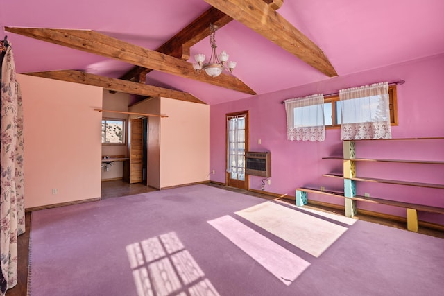 unfurnished living room featuring an inviting chandelier, light carpet, lofted ceiling with beams, and heating unit