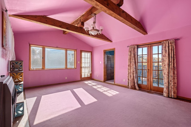 interior space with french doors, an inviting chandelier, light carpet, and lofted ceiling with beams